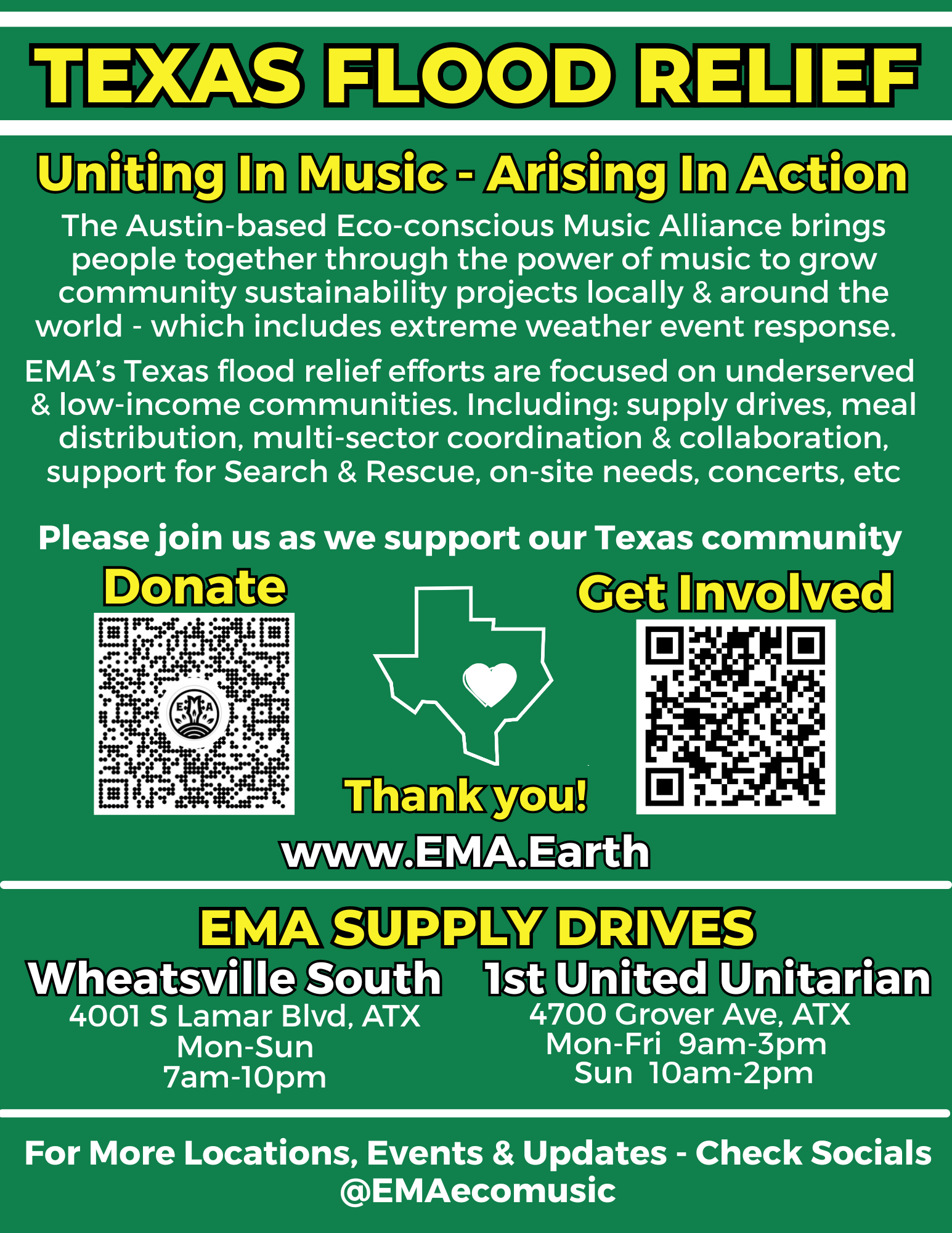 Flyer for Texas Flood Relief by EMA, with supply drive info, donation and volunteer QR codes. Locations: Wheatsville South and 1st United Unitarian in Austin, TX. Visit www.EMA.Earth or @EMAecomusic for updates and ways to help.